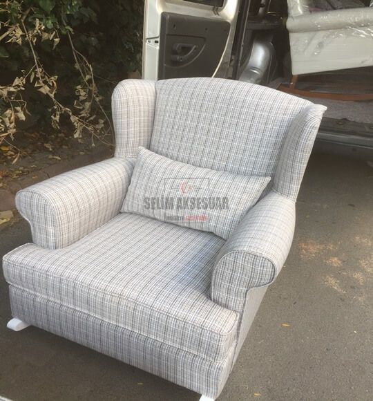 Kayık Sallanan Koltuk Keten Gri Çizgili