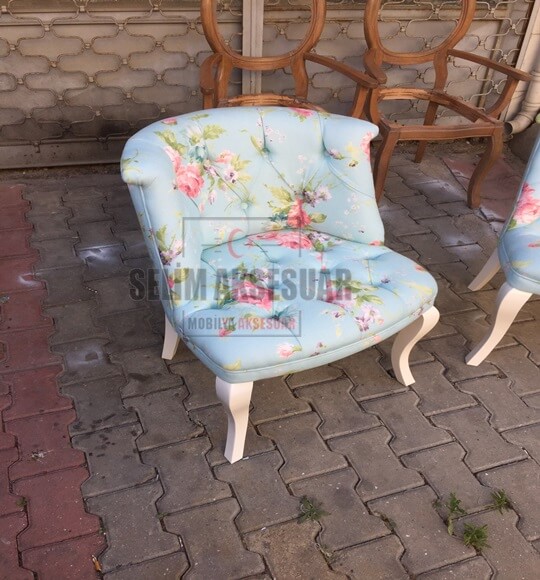 Olem Mini Berjer Turkuaz Çiçekli Krem Ayak